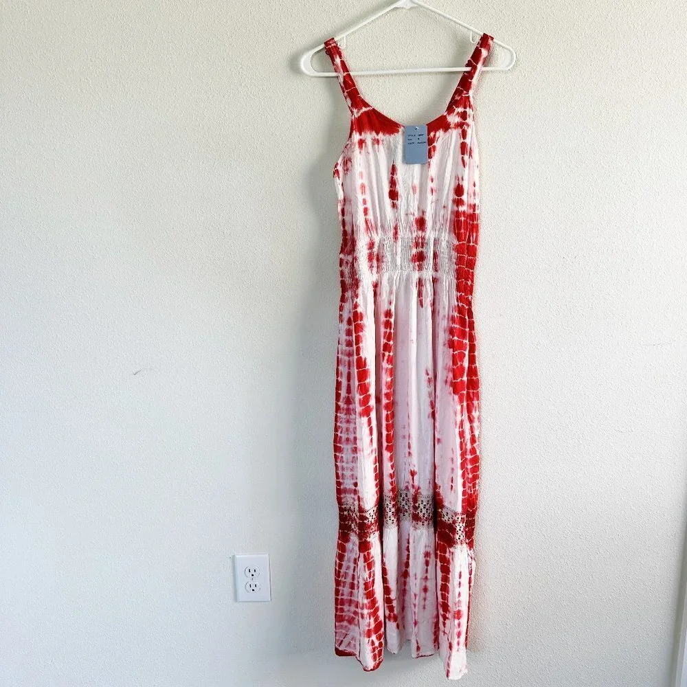 Studio West Maxi Dress Size M Orange White Tie Dye Lace Trim Sleeveless Boho NWT